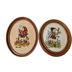 Vintage Hummel Framed Needlepoint Set of 2 Paragon Needlecraft Made in USA Oval
